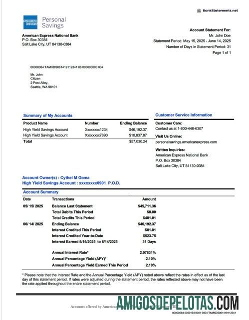 Extrato de conta bancária nacional American Express dos EUA para impressão, modelo Word e PDF